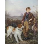 J. ROUSE. Rural landscape with young man with dogs and dead game, signed lower right, oil on