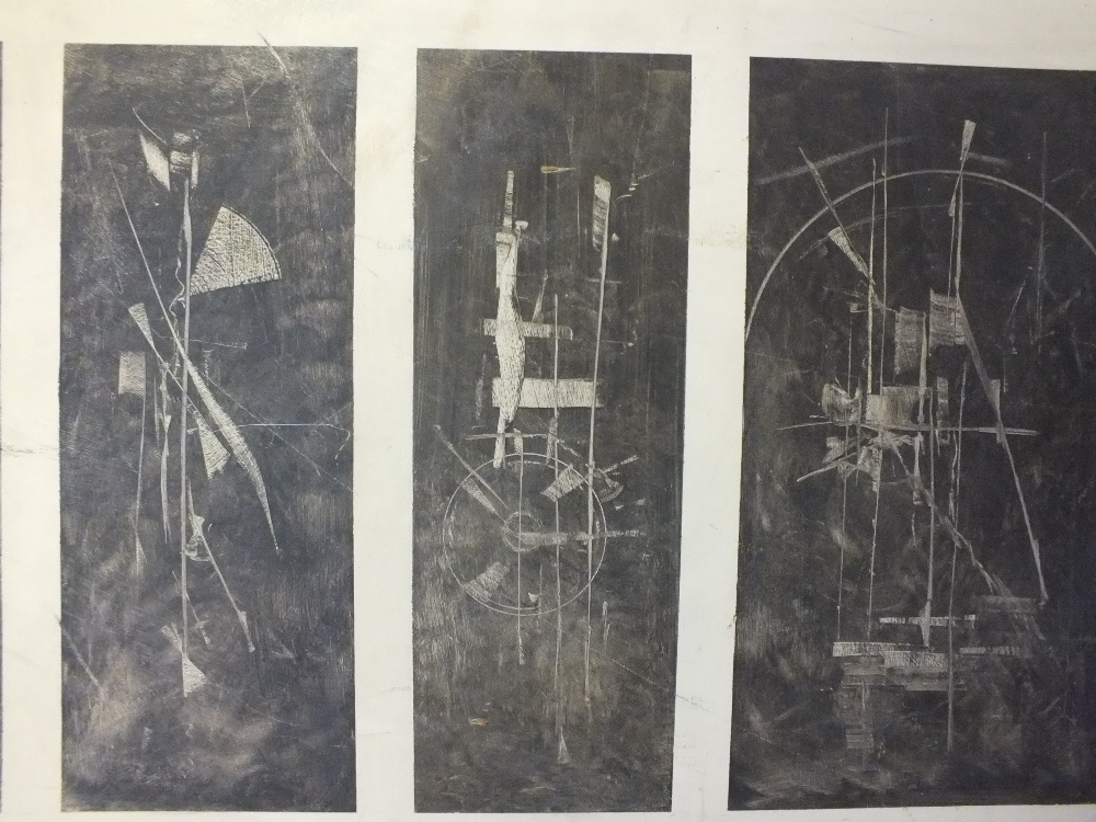 A SET OF SIX ABSTRACT COMPOSITIONS ON ONE BOARD, unsigned, pen and ink with scratching out on board, - Image 3 of 3