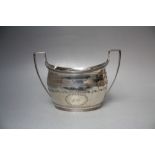 A HALLMARKED SILVER TWIN HANDLED SUGAR BOWL - BIRMINGHAM 1890 ?, W 16 cm