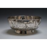 LUEN WO - A CHINESE SILVER BOWL, having six decorated panels including a nice Cormorant fishing