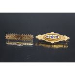 A VINTAGE 9CT GOLD SAPPHIRE AND SEED PEARL MOURNING BROOCH, W 5 cm together with a small 9ct gold