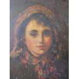 (XIX-XX). Head and shoulder portrait study of peasant girl, unsigned, oil on canvas, framed, 49 x 39