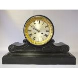 A LATE 19TH CENTURY DRUM HEAD SLATE MANTEL CLOCK, the silvered dial with Roman numerals striking