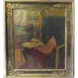 L ROBINSON (XIX-XX). Interior scene with seated woman reading a book, signed verso, oil on canvas,