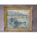 J. CLARKE (XX). Impressionist coastal village harbour scene with fishing boats and figures, signed