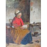 (XIX). British school, cottage interior with seated lady reading a book, unsigned, oil on canvas,