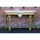 A 19TH CENTURY LOUIS XVI STYLE GILT WOOD CONSOLE TABLE, the base with tapered squared supports,