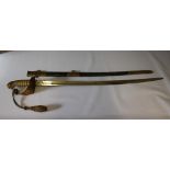 A 19TH CENTURY BRITISH NAVAL OFFICERS SWORD, with sword tenot, in leather and brass bound sheath,