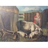 (XVIII-XIX). Primitive school, farmers wife and pigs in a farmyard, unsigned, oil on panel,