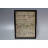 AN ANTIQUE SAMPLER OF SMALL PROPORTIONS, named but indistinct, dated to bottom March 26 A D 173?,