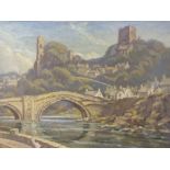LORRAINE (XIX-XX). Impressionist riverside town with stone bridge and hilltop ruins, signed lower