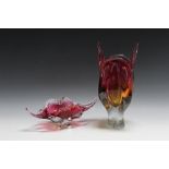 TWO ITEMS OF MURANO PINK AND AMBER STUDIO / ART GLASS, of organic flowing form, comprising a vase