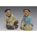 A PAIR OF CHINESE CHILD PORCELAIN FIGURES, character marks to base, H 10 cm