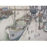 WILFRED AVALON JEFFERIES (b.1907). Dockland scene with ships, boats and figures, signed lower right,