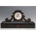 A LARGE VICTORIAN SLATE MAUSOLEUM MANTEL CLOCK, the architectural case with coloured marble
