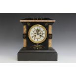 A SMALL VICTORIAN SLATE MAUSOLEUM MANTEL CLOCK, coloured marble panels, the movement striking on a