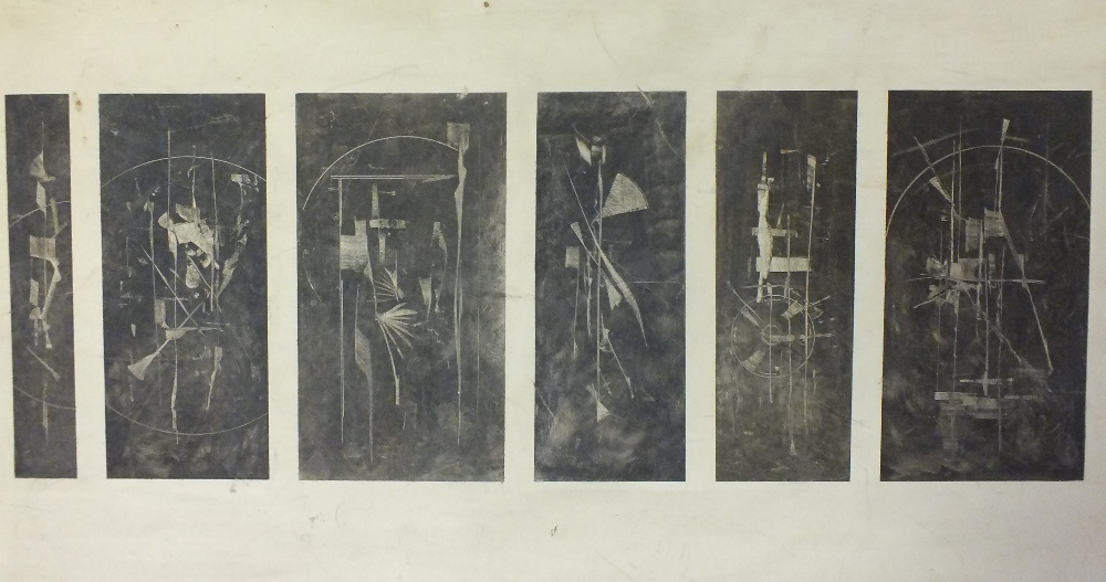 A SET OF SIX ABSTRACT COMPOSITIONS ON ONE BOARD, unsigned, pen and ink with scratching out on board,