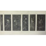 A SET OF SIX ABSTRACT COMPOSITIONS ON ONE BOARD, unsigned, pen and ink with scratching out on board,