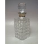 A HALLMARKED SILVER COLLARED GLASS DECANTER - BIRMINGHAM 1980, with hobnail pattern to body,