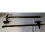 TWO LARGE 20TH CENTURY MEDIEVAL STYLE BATTLE AXES, axe head L 30 cm, staff lengths 114 cm and 122