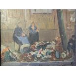 (XX). Impressionist street market scene with seated stall holders, indistinctly signed with monogram