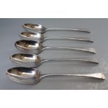 FIVE GEORGE III HALLMARKED SILVER TABLE SPOONS, circa 1768, makers marks indistinct but possibly