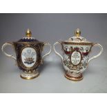 TWO ROYAL CROWN DERBY COMMEMORATIVE LIMITED EDITION SMALL TWIN HANDLED LIDDED URNS, comprising The