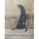 CIRCLE OF LAURENCE STEPHEN LOWRY (1887-1976). Study of a figure walking by railings, bears signature
