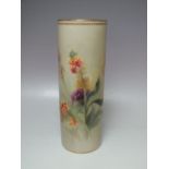 A ROYAL WORCESTER HAND PAINTED VASE, decorated by G H Evans, mottled pale green ground with floral