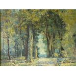 JOHN WILSON (XX). Impressionist woodland scene with shepherd and sheep on a track, signed lower