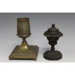 A BRASS TABLE VESTA, together with bronze table pomander, H 12 cm (2)