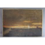 (XIX). Stormy twilight fenland scene with moored boat, unsigned, oil on canvas (re-lined), unframed,