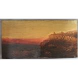 (XIX). Rocky coastal scene at sunset with beached sailing boat and cliff top castle, unsigned, oil