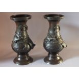 A PAIR OF LATE 19TH CENTURY JAPANESE BRONZE VASES, with birds and tree decoration, character marks
