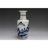 A BLUE AND WHITE CHINESE VASE, of typical form and decoration with six character mark to base, H