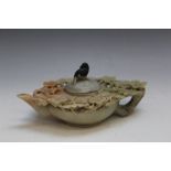 AN UNUSUAL SOAPSTONE TEAPOT, carved with a bird to the lid, W 19.25 cm