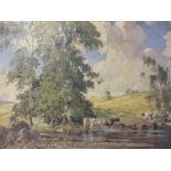 PERCY LANCASTER (1878-1951). Impressionist wooded river landscape with cattle watering, signed and