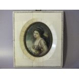 N. ROMNEY (XX). Oval portrait miniature on ivorine, elegant young woman with dog, landscape