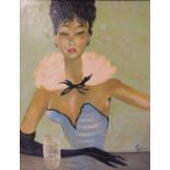 CIRCLE OF JEAN GABRIEL DOMERGUE (1889-1962). Young woman in party dress at a bar with cocktail,