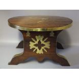 A 19TH CENTURY ANGLO INDIAN BRASS BANDED AND INLAID PADOUK WOOD KETTLE STAND, W 39 cm, H 25 cm