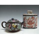 A SMALL ORIENTAL TEAPOT, decorated with enamel butterflies and flowers, signed to base, together