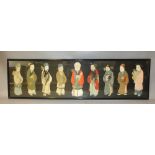 A VINTAGE STUDY OF NINE IMMORTALS IN ONE GLAZED FRAME, each with mixed media painting on silk,