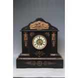 A LARGE VICTORIAN SLATE MAUSOLEUM MANTEL CLOCK, the case with figurative mounts, enamel dial with