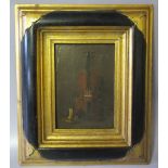 (XIX-XX). Still life study of a violin and candle, unsigned, oil on canvas laid on board, framed, 16