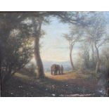 THOMAS EDWARD MARRON (XIX). Woodsman entering wooded path, bearing signed label verso, oil on