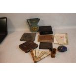 A BOX OF MISCELLANEOUS COLLECTABLES to include a fan featuring cyclists, a metal plaque "Presented