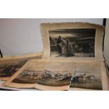 SEVEN VERY LARGE QUITE DAMAGED PRINTS AND ENGRAVINGS to include horse racing, Wellington and