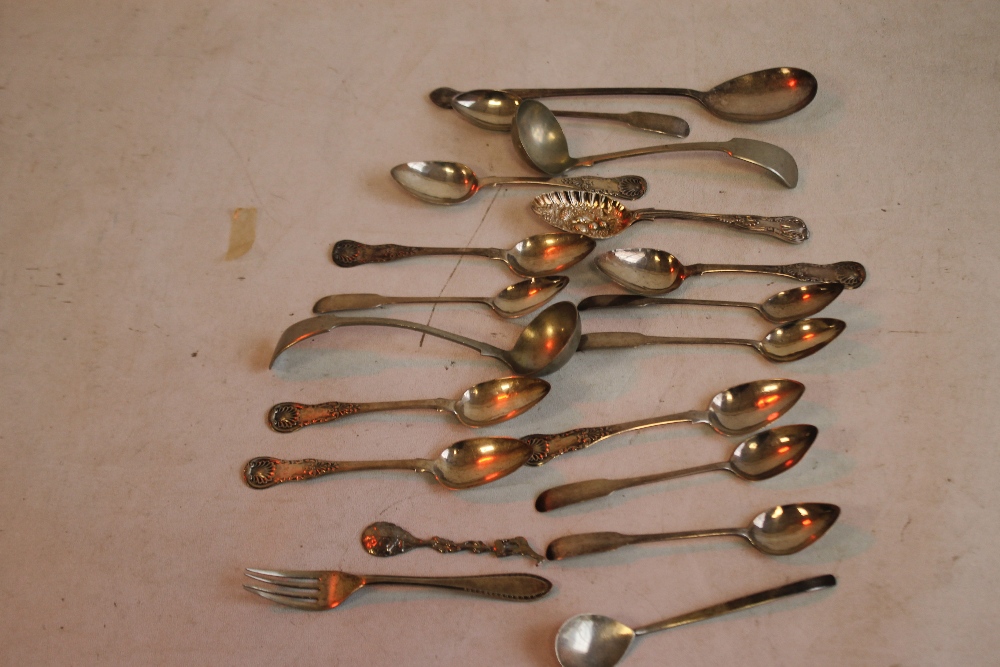 A QUANTITY OF ASSORTED SILVER AND WHITE METAL SPOONS ETC.