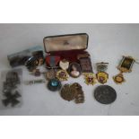 A COLLECTION OF BADGES AND MEDALS ETC. to include two WWI Iron Cross 2nd Class, a cased QEII