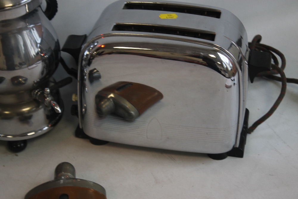 A TRAY OF VINTAGE RETRO COLLECTABLES to include chrome samova, coffee perculator, bakelite tie press - Image 2 of 5